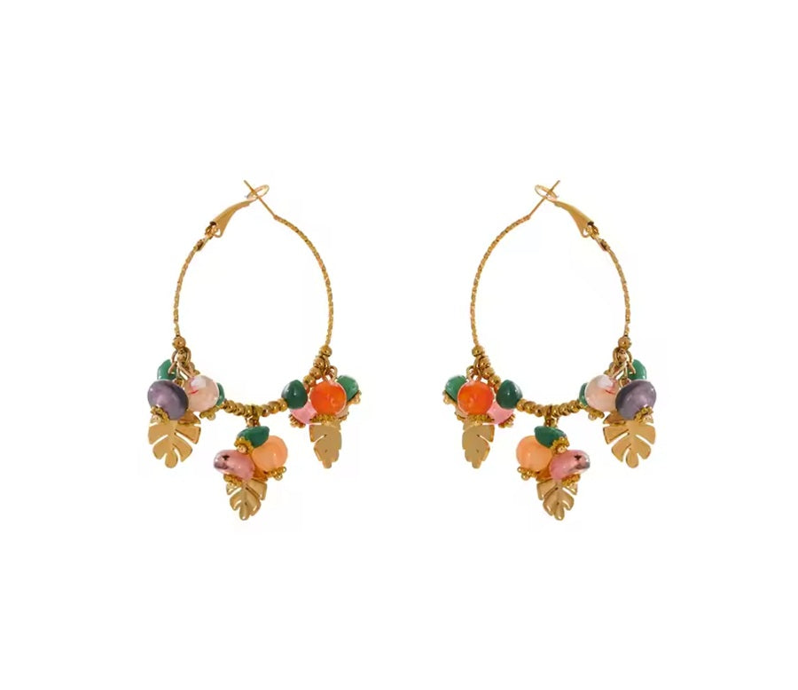 Brincos Argola folhas e pedras naturais - Colorido