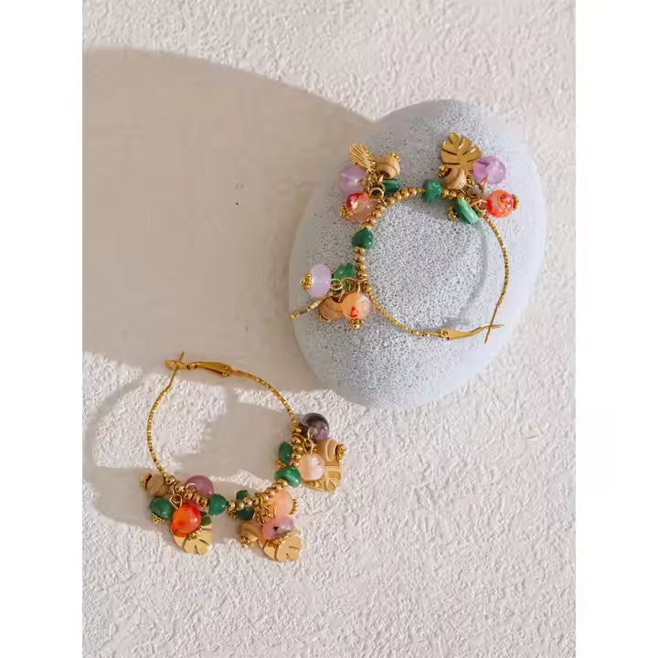Brincos Argola folhas e pedras naturais - Colorido