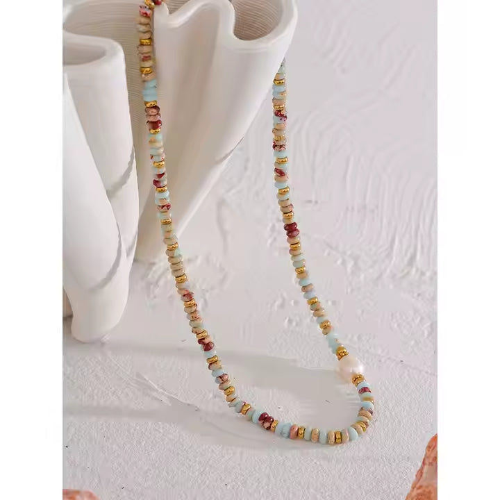 Colar Pedras e Pérola Natural - Azul