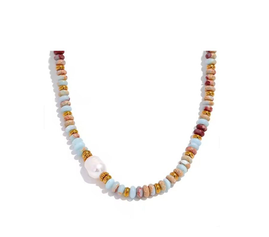 Colar Pedras e Pérola Natural - Azul