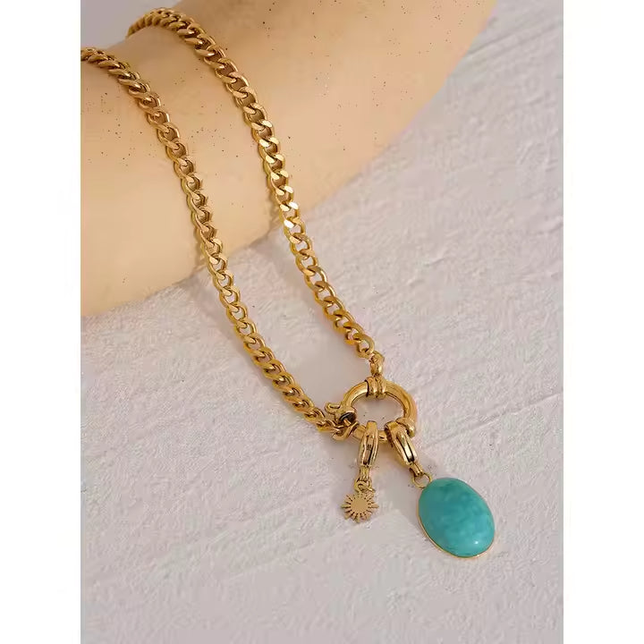 Colar Pingente pedra natural turquesa - Dourado