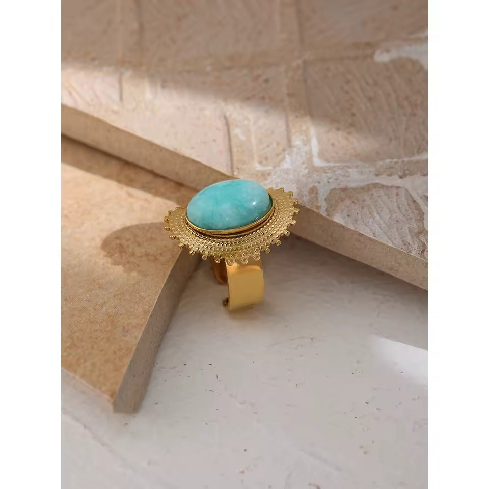 Anel Ajustável com pedra azul natural - Dourado