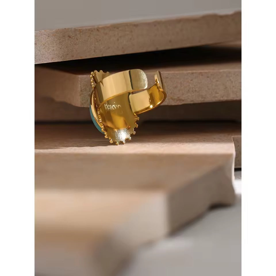Anel Ajustável com pedra azul natural - Dourado